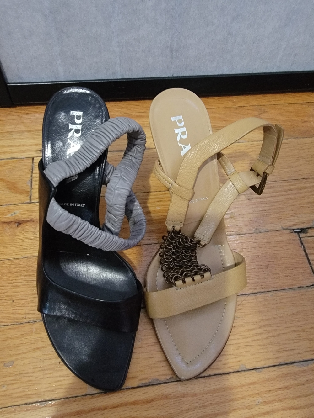 2 PRADA Two-Tone Strappy Leather Sandals — Black and Beige